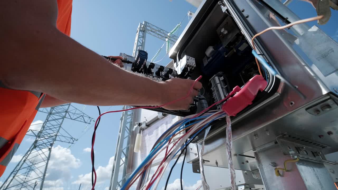 los ingenieros eléctricos inspeccionan los sistemas eléctricos en el gabinete de control de equipos