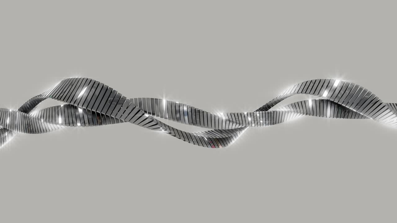 Sfondo astratto in movimento con strisce di metallo argentato che si attorcigliano, loop continuo. 4K
