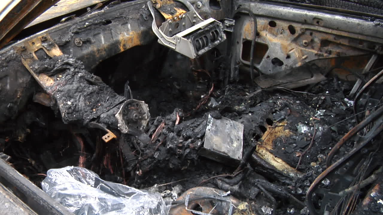 Remains of a Burned House and Car Destroyed by a House Fire