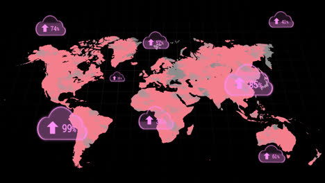 multiple cloud icons with increasing percentage against world map on black background