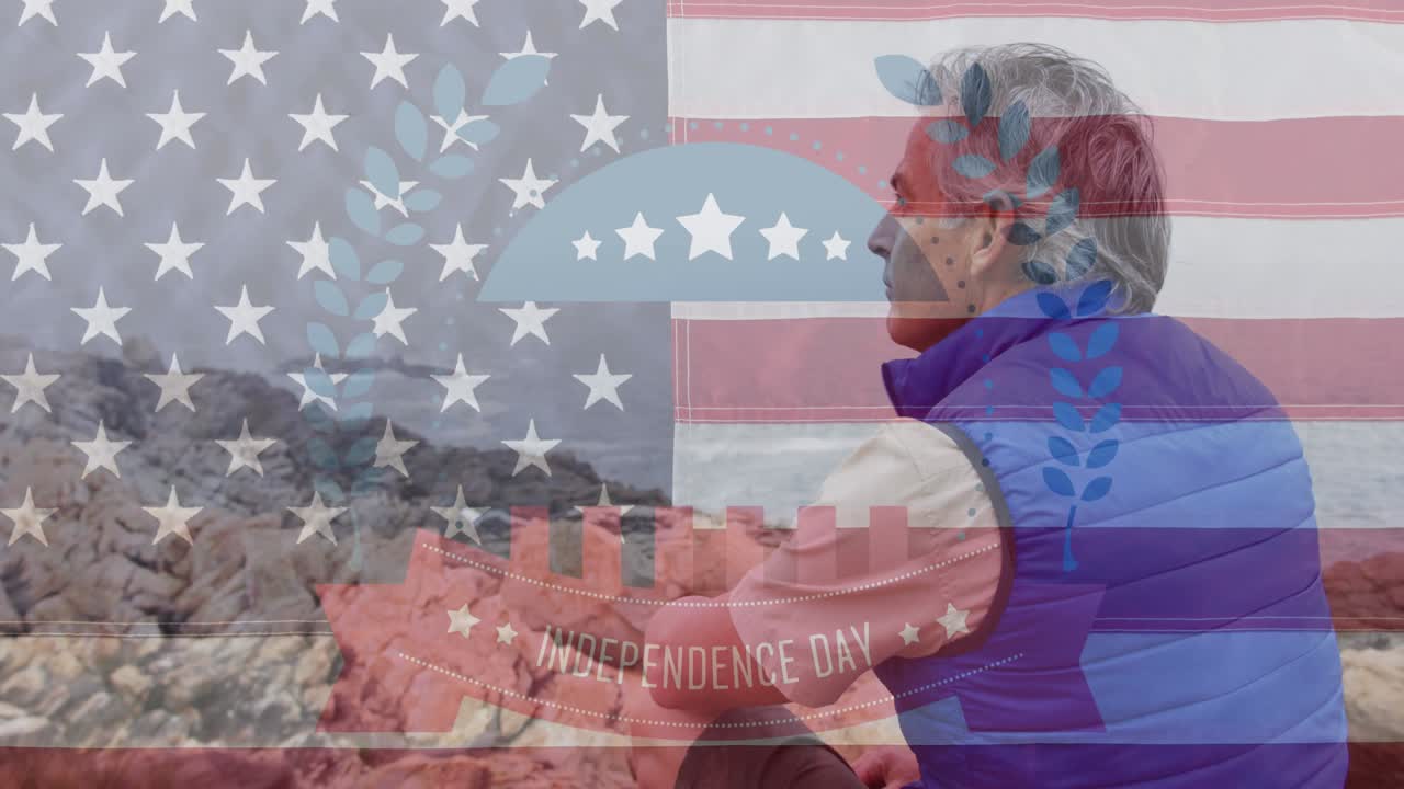 바위 위에 앉아 있는 고위 백인 남성 위의 독립기념일 텍스트의 애니메이션