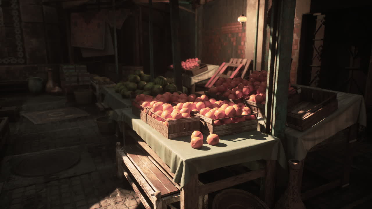 puesto de mercado callejero con naranjas frescas y otros productos