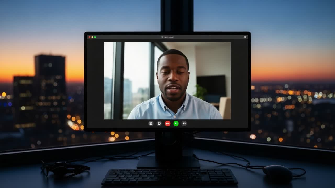 A Professional Virtual Meeting at Dusk: A Man Engages in a Video Conference with a Captivating Cityscape Background, Highlighting the Importance of Remote Communication in Modern Work Environments