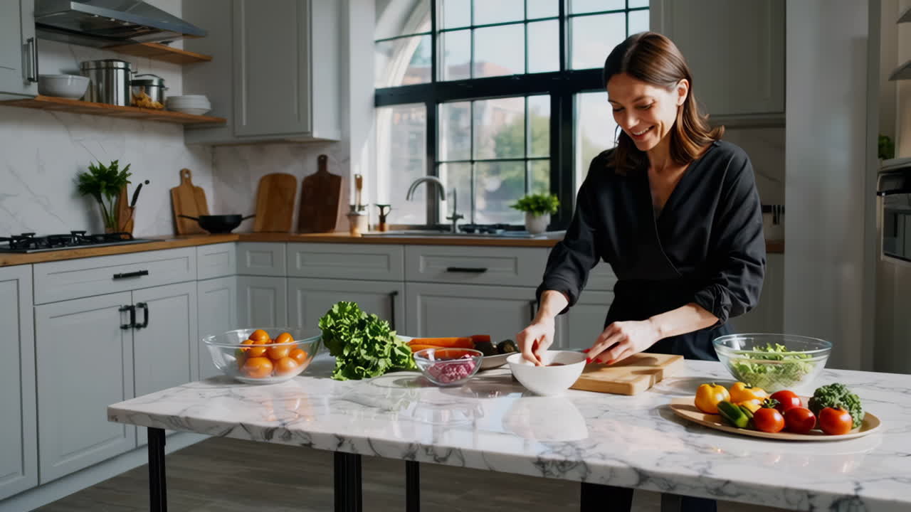 Donna che prepara cibo sano in una cucina moderna