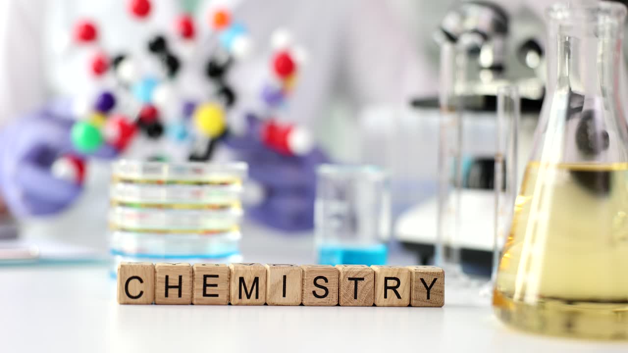 Chemistry Lab Scene with Equipment, Molecular Model, and 'CHEMISTRY' Blocks