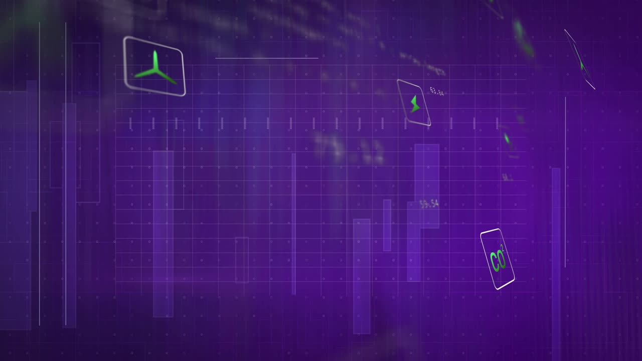 On start green-bordered icons floating center icons drifting right to visualize environmental data