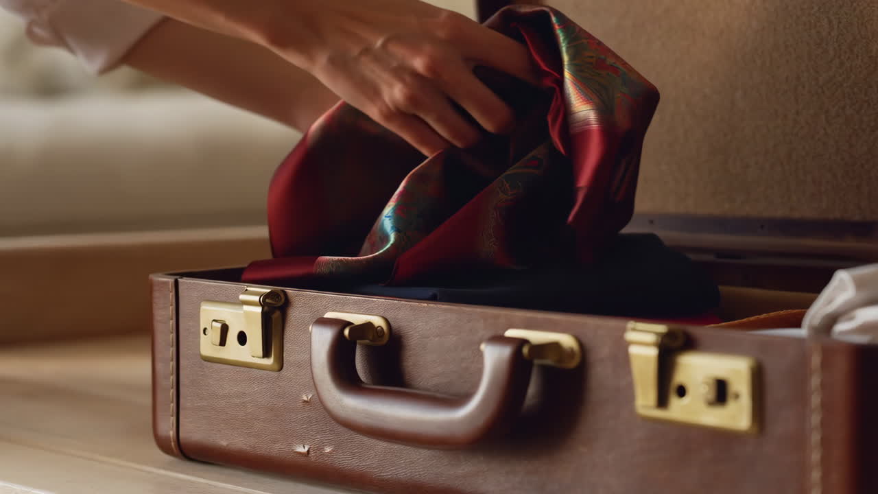 Person packing a colorful scarf into a brown leather suitcase