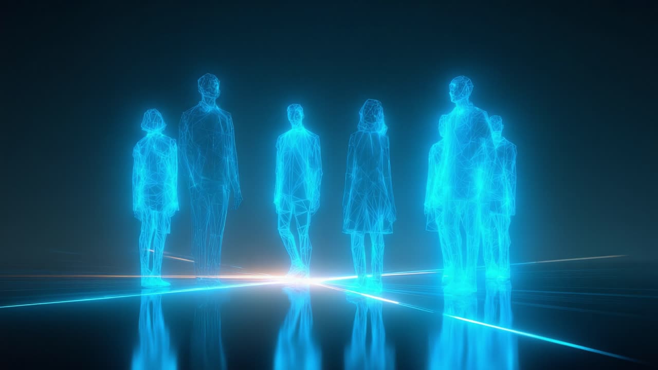 A captivating display of a holographic group standing together in a futuristic setting, illuminated by dynamic blue light, showcasing the intersection of technology and human presence in a visually stunning manner
