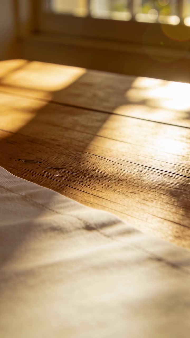 Video verticale: Luce solare che si muove su un tavolo di legno e biancheria in una stanza sotto una finestra, con ombre che si formano.