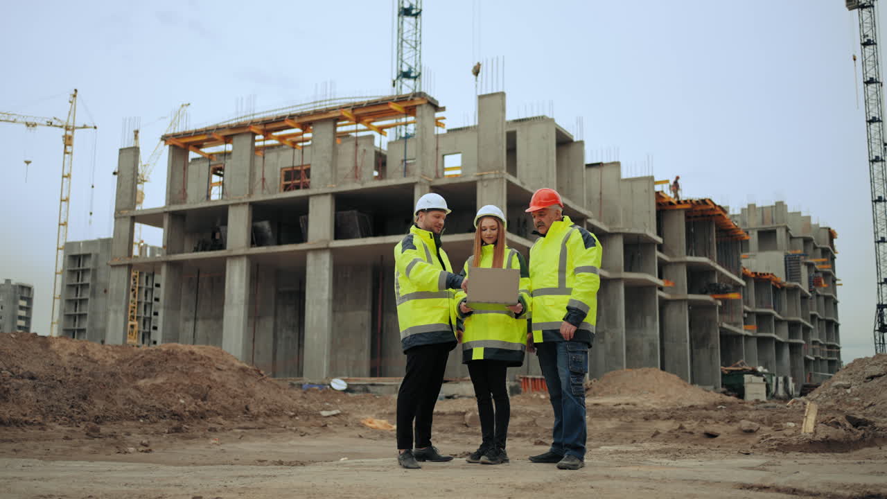 equipo de ingeniería civil en el sitio de construcción dos constructores profesionales masculinos y una arquitecta femenina