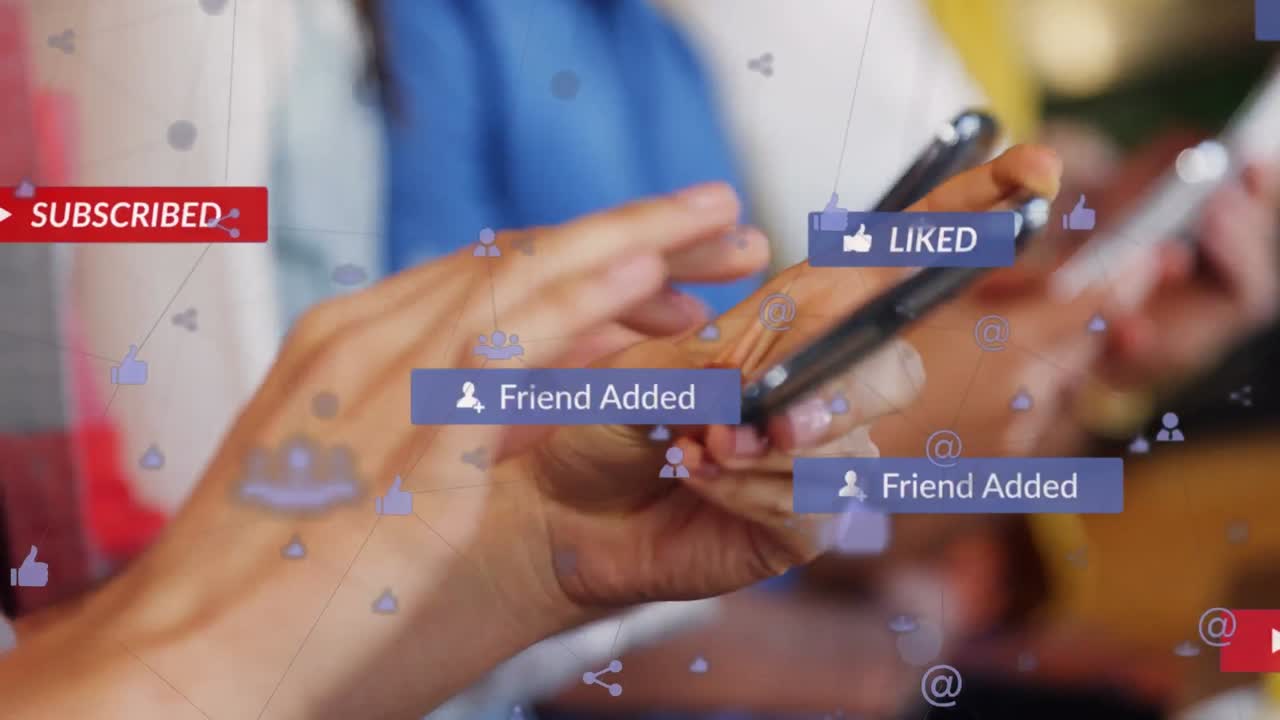 Animation of network of connections with icons over caucasian person using smartphone