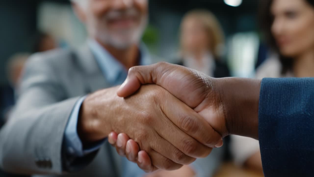 A Professional Business Handshake Symbolizing Agreement and Trust Between Two Business Partners in a Modern Office Environment