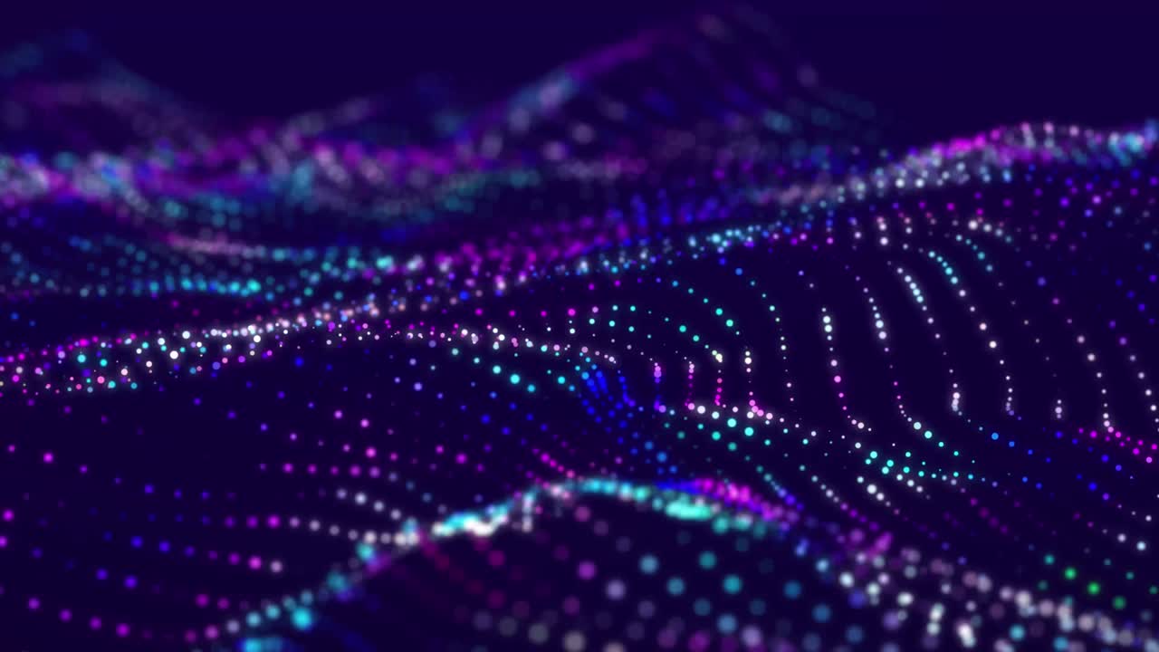 Futuristic wave with many dots. Abstract motion background of colored dots. Technology or science. 3d rendering Seamless loop. 4K