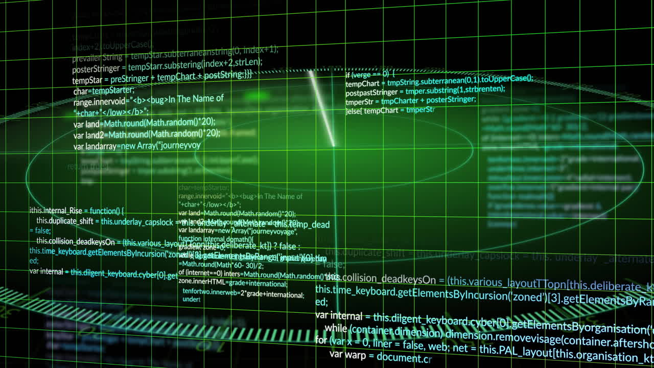 녹색 그리드 배경에 컴퓨터 코드 및 데이터 처리 애니메이션