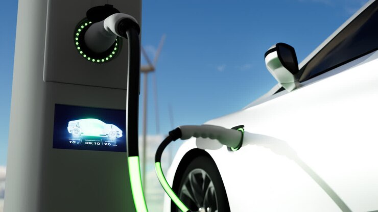 Realistic 3d rendering of Electric vehicle charging port plugging in car