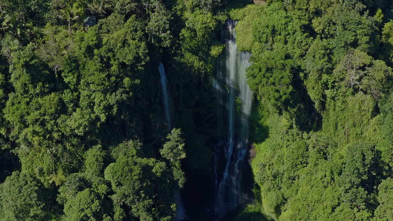 Sekumpul Waterfall, dense Indonesian verdant tropical habitat, aerial
