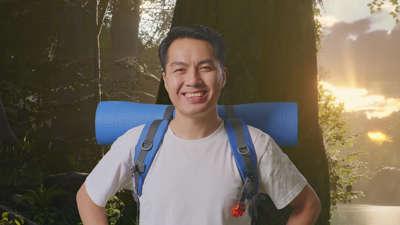 숲 속 의 미소 짓는 산책자