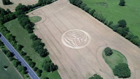 vista aérea descendiendo a través de warminster 2023 círculo de cultivos tierras de cultivo a lo largo de la autopista a36