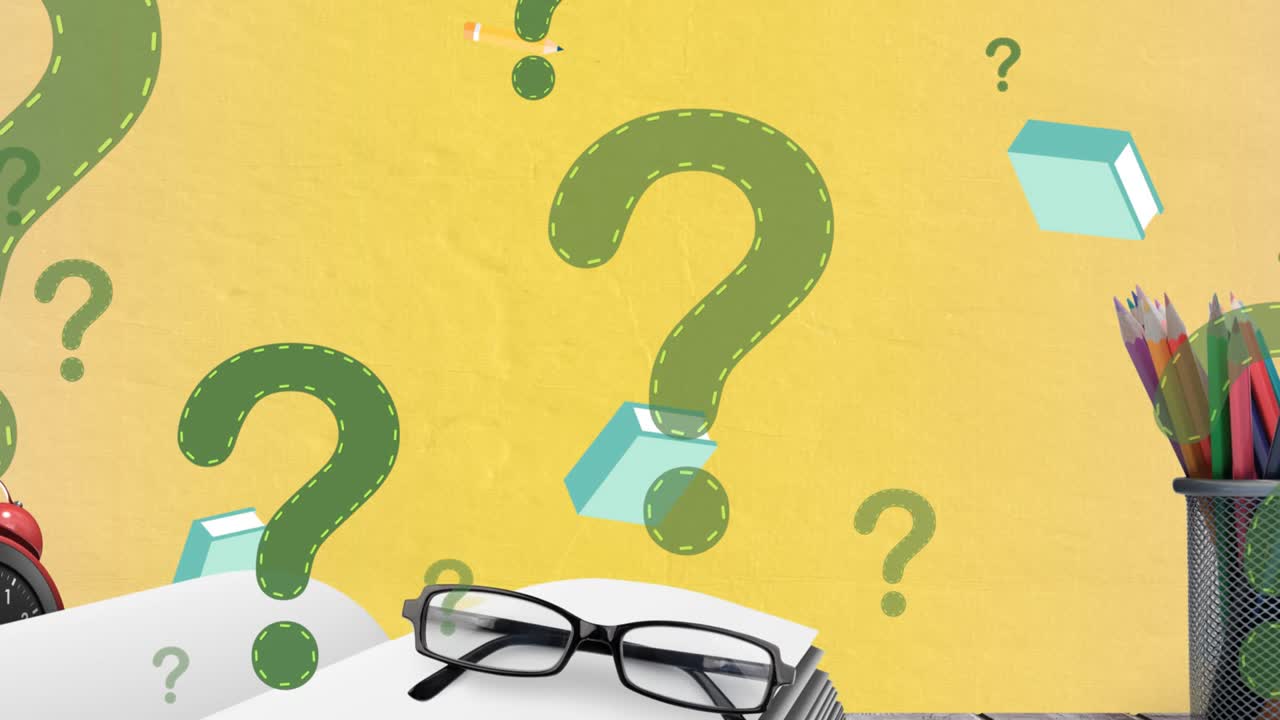 노란색 배경에 있는 학교 아이콘 위에 물음표의 애니메이션