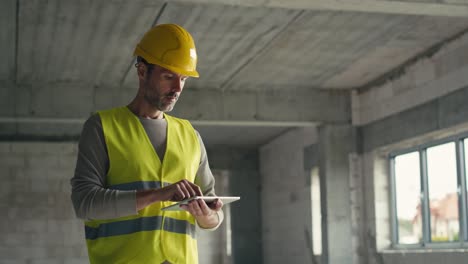 caucasian engineer standing and browsing digital tablet on construction site.