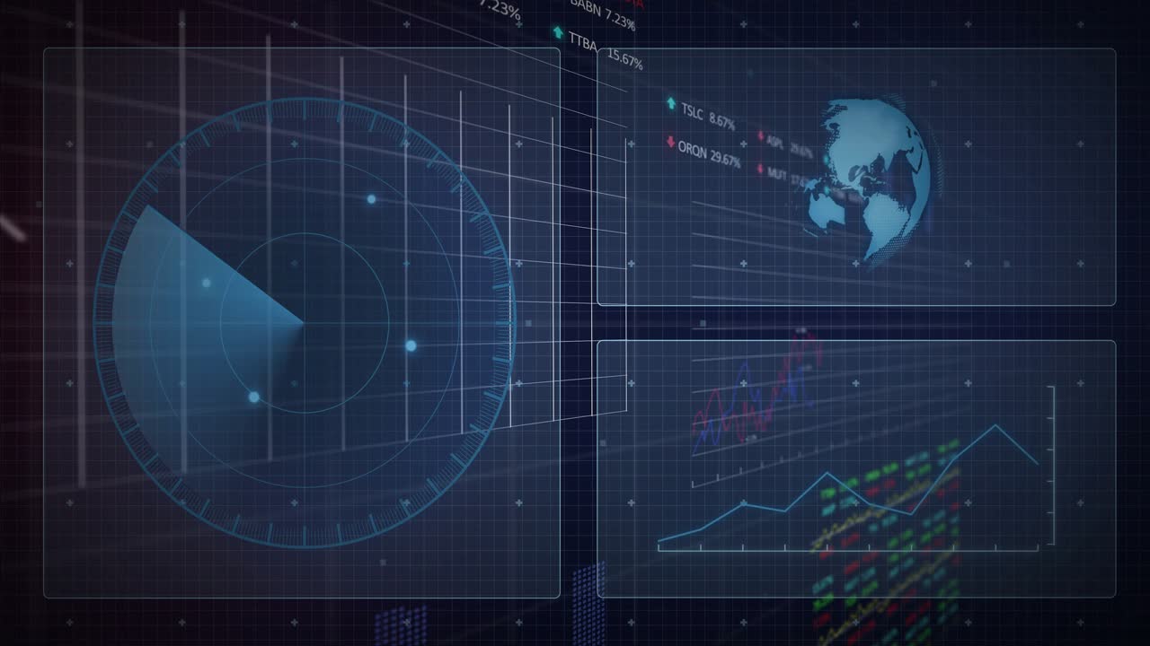 Incoming data driving HUD, radar sweeping with blips, chart peaking, ticker updating for finance