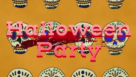 animation of halloween party text over blood stains and skulls on orange background