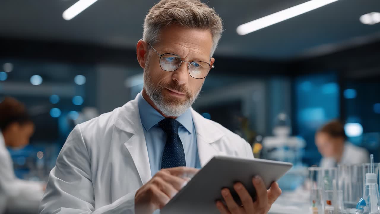 En målrettet forsker fokuseret på research, der bruger en tablet til at analysere data og resultater i et moderne laboratorium udstyret med avanceret teknologi og udstyr