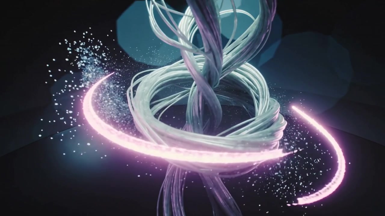 Emerging magenta streak forming glowing halo around braided column on stage, emitting sparks