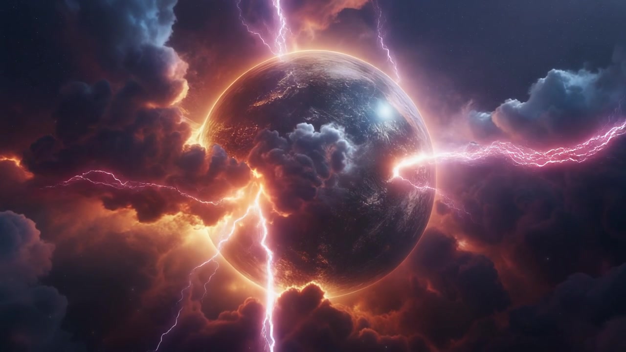 Planeta rodeado de nubes de tormenta oscuras y relámpagos