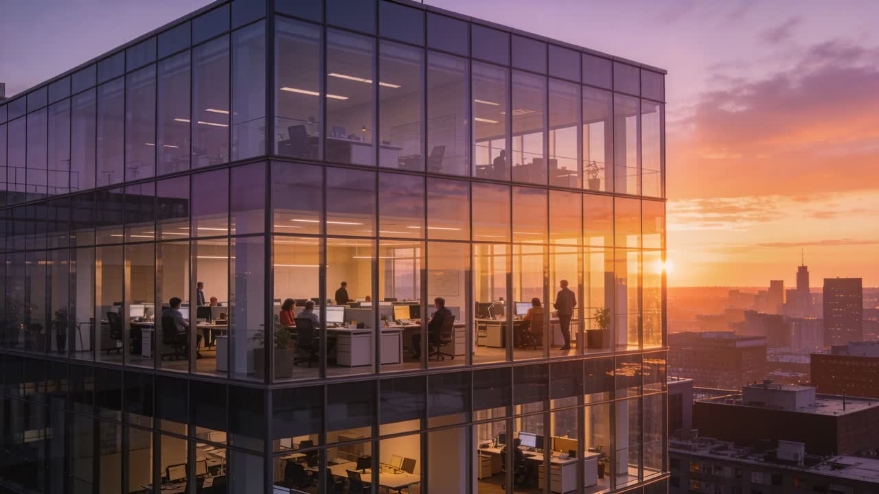 Moving low sun bathing glass facade and silhouetting workers in business casual typing at desks