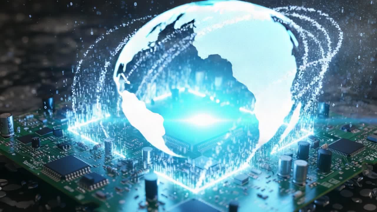 A Stunning Visual Representation of Advanced Technology: The Integration of Data Streams and Global Connectivity with a Microprocessor at the Core of Digital Innovation