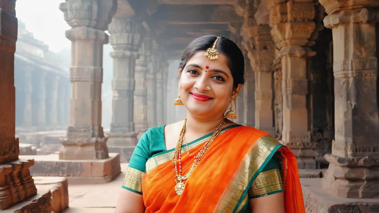 Elegantly dressed Indian woman in bright orange green sari, wearing intricate gold jewelry, standing serenely inside ornate stone temple with classical architectural columns