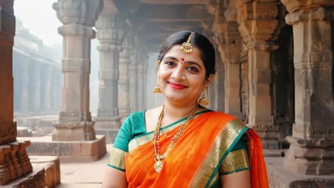 elegantly dressed indian woman in bright orange green sari, wearing intricate gold jewelry, standing serenely inside ornate stone temple with classical architectural columns