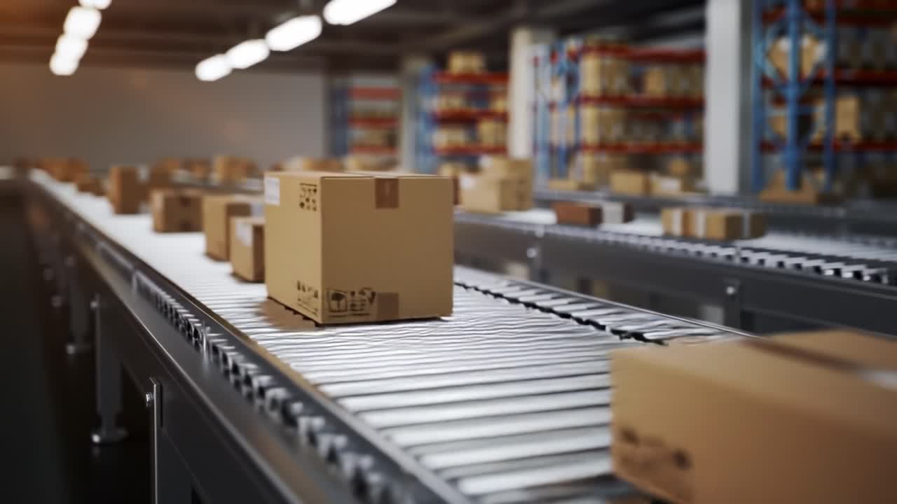 Automated Conveyor System in Modern Warehouse: Efficient Distribution of Packages on Assembly Line for Streamlined Logistics Operations