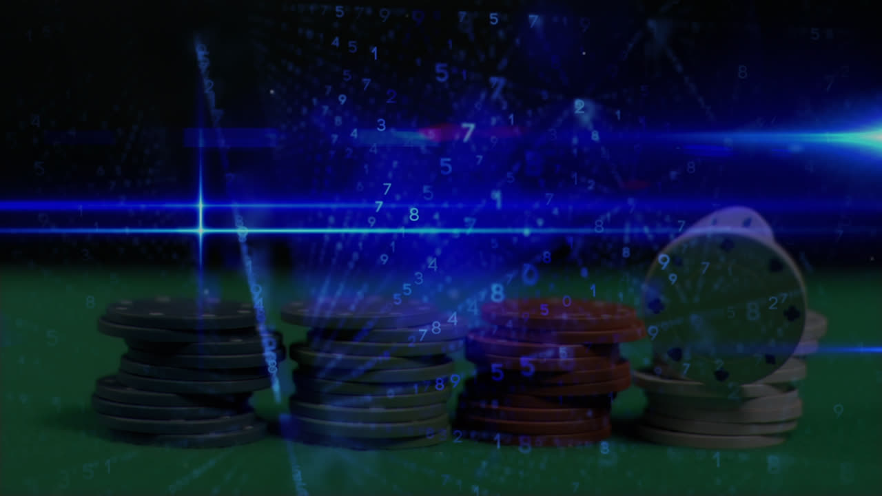 Animazione di elaborazione dati e codifica binaria su fiches da casinò
