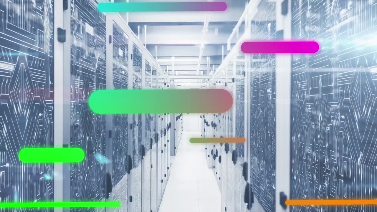 Animation of colorful light trails against microprocessor connections over computer server room