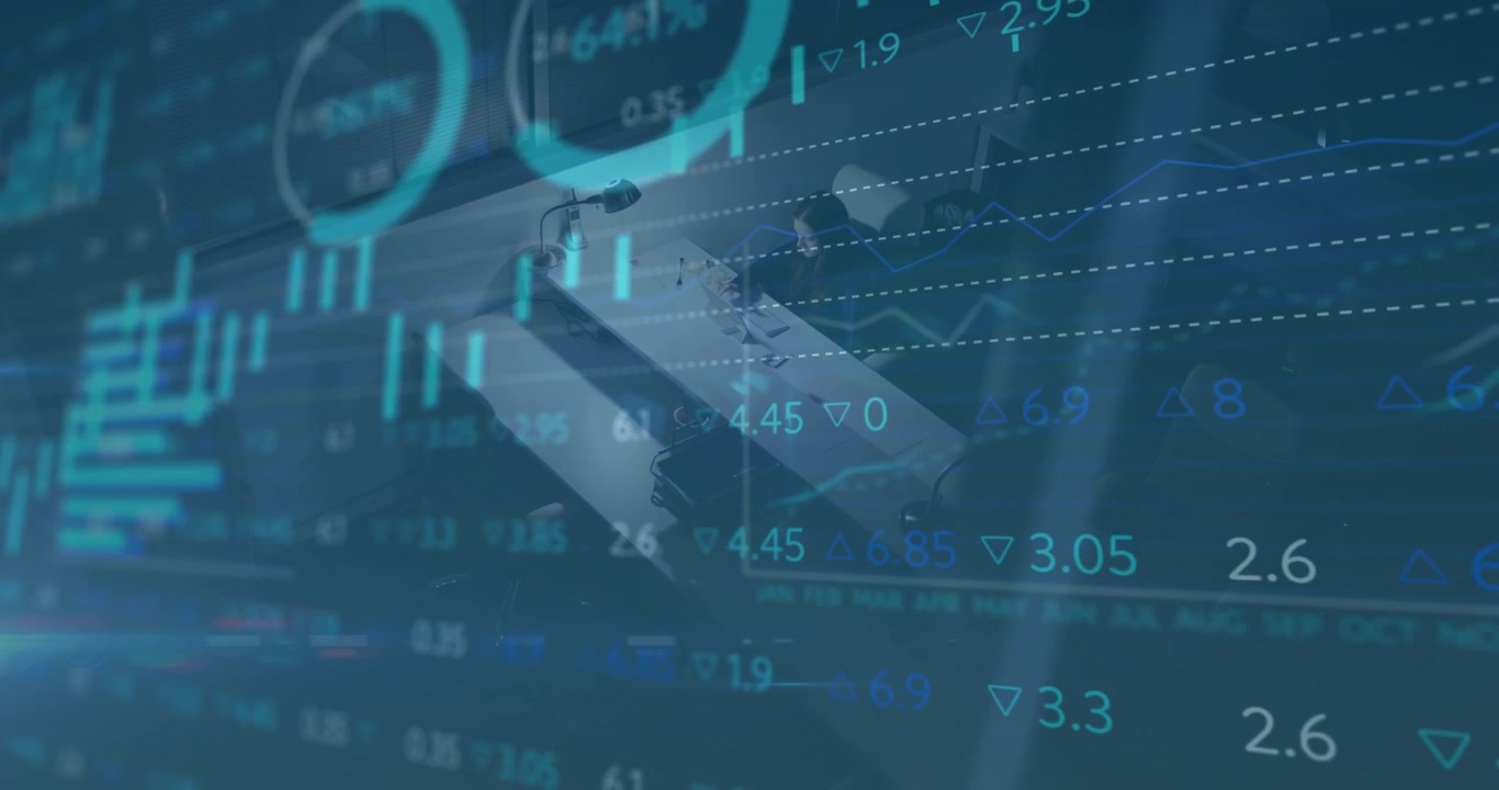 Animated candlestick and bar charts fading in overlaying desk for real-time market analysis
