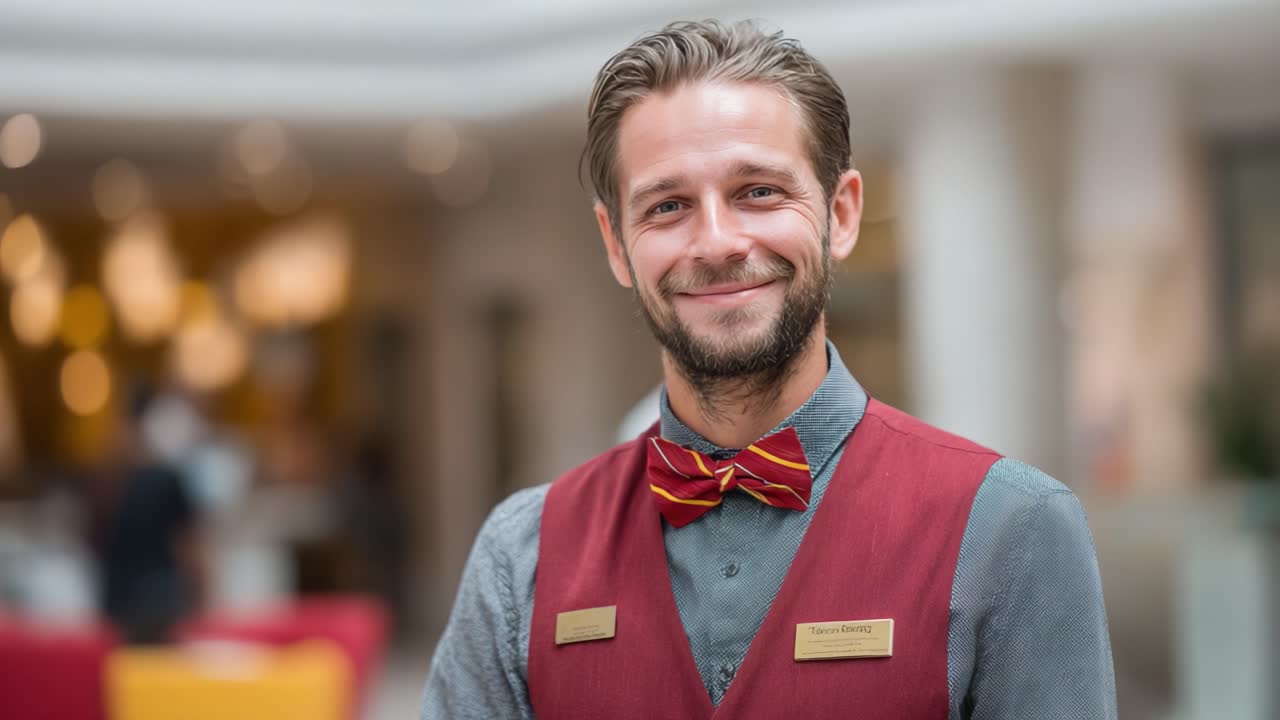 Ein professioneller Angestellte, der freundlichen Service mit einem warmen Lächeln und eleganter Kleidung in einem stilvollen Ambiente bietet