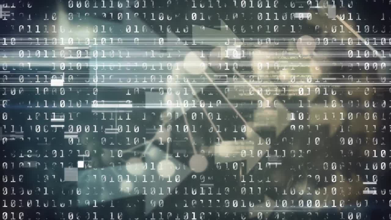 Animation of glitch technique over looping binary codes, dna helix, moving arrows with bokeh effect