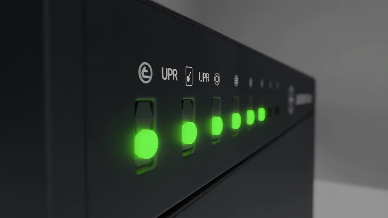 Close-up of a black electronic device with glowing green indicator lights