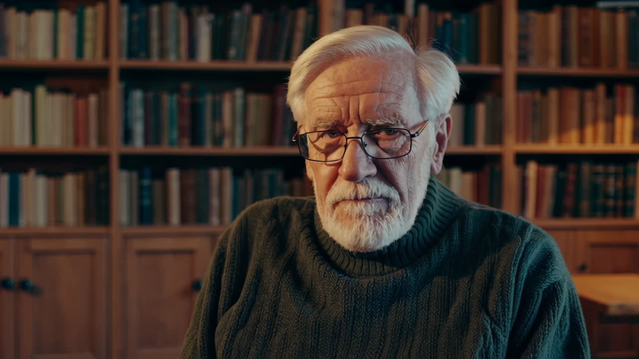 Elderly Man with Glasses and Beard in a Library