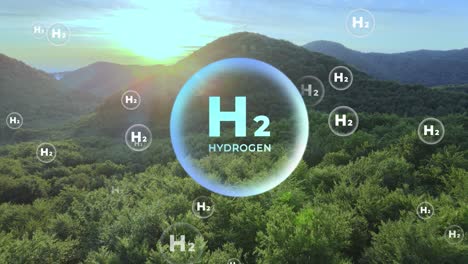 burbujas de hidrógeno sobre bosques densos y montañas al amanecer