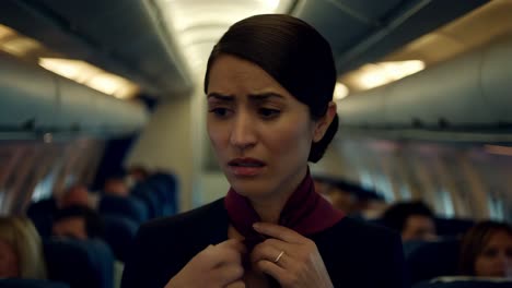 flight attendant's worried expression in airplane