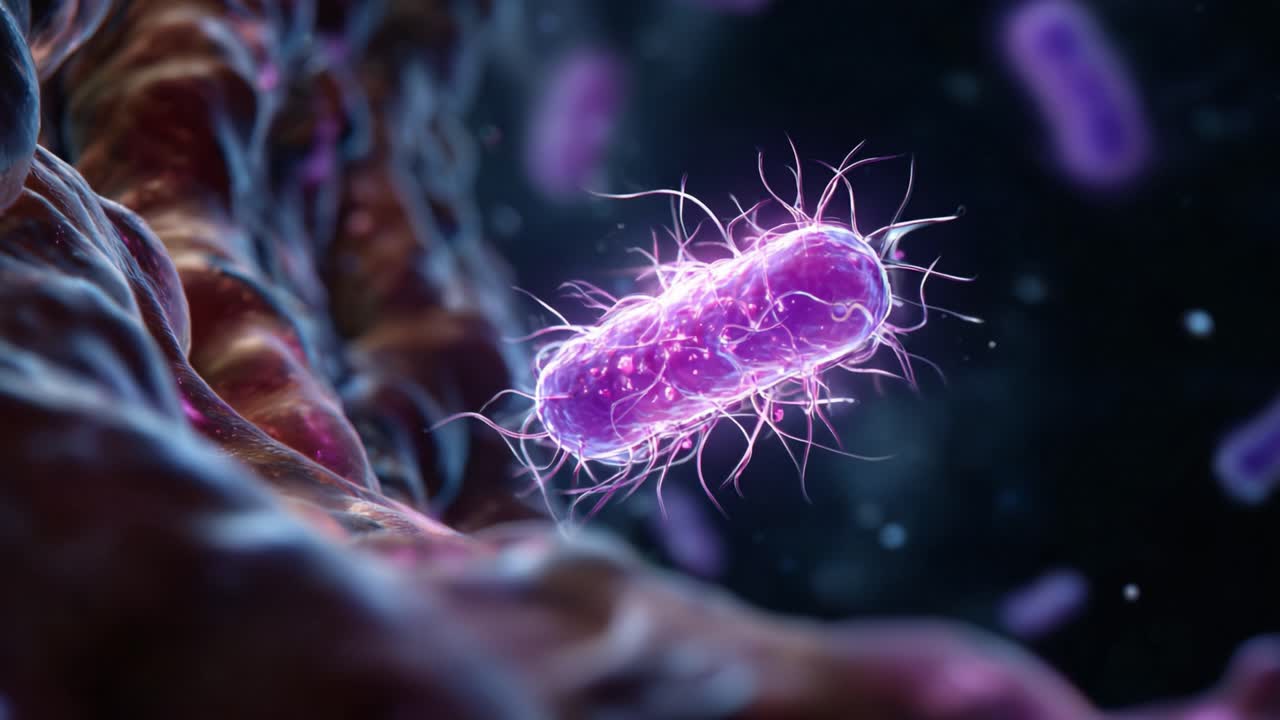 Microscopic Visualization of a Vibrant Purple Bacterium Embellished with Fringes, Floating in an Abstract Cellular Landscape with a Dark Background