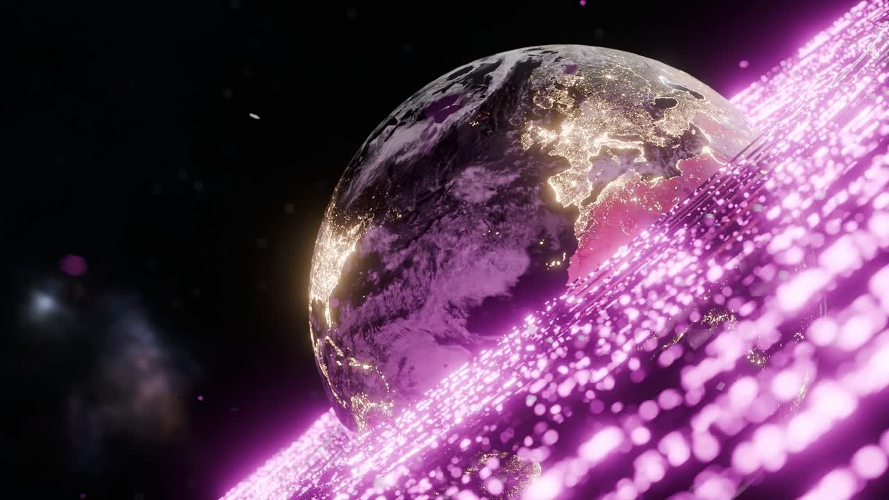 Glowing Earth showing illuminated Europe, Africa, Asia with digital pink particles in outer space. 3D rendering with night lights and pink wave. Futuristic technology and global connection