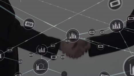 animation of network of connections with icons over people shaking hands