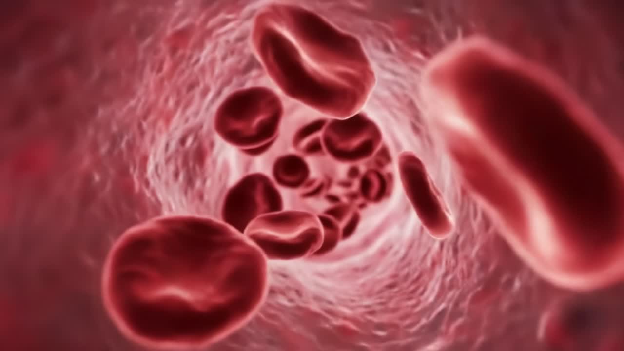 An Intricate View Inside the Human Circulatory System: Close-Up of Red Blood Cells Flowing Through Blood Vessels, Showcasing Their Shape and Movement