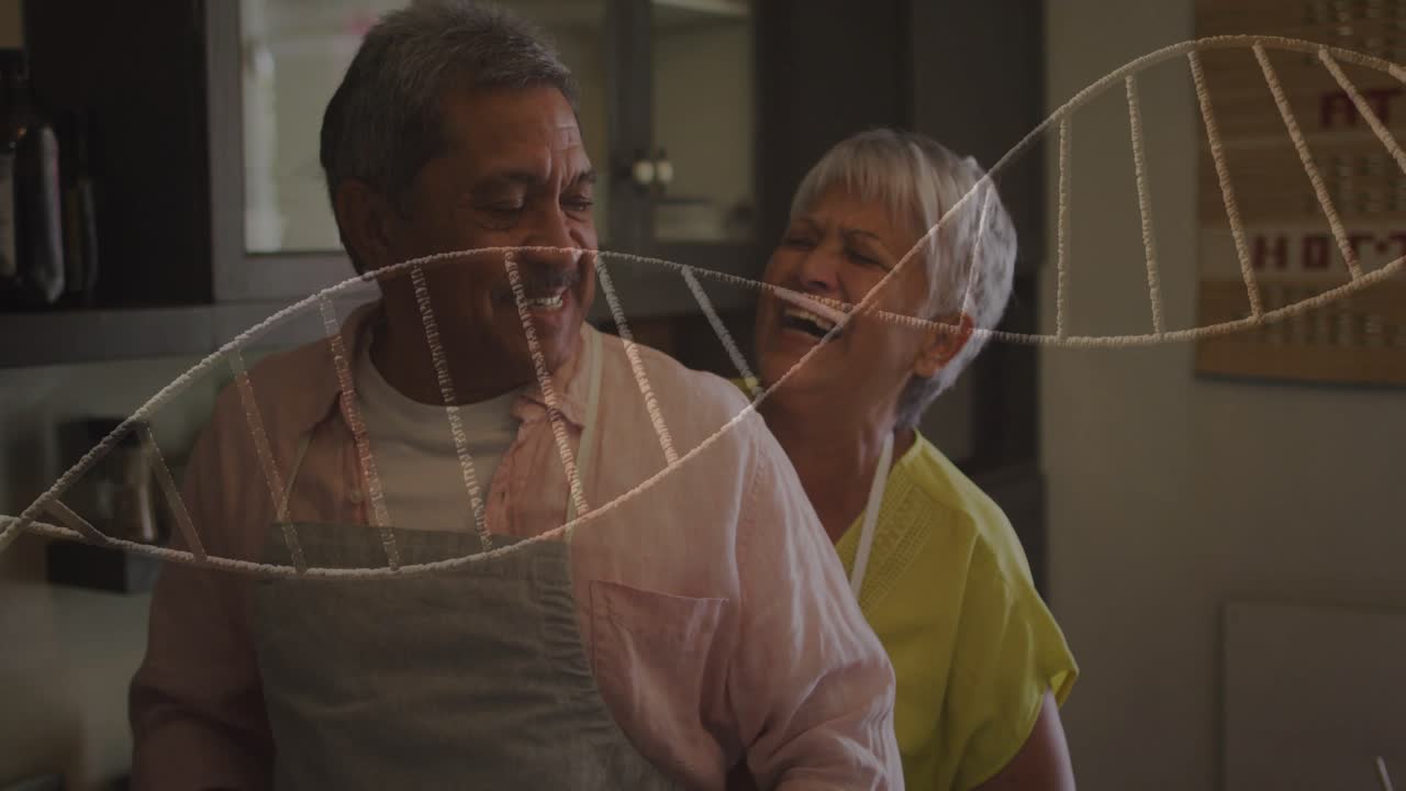 Een oudere vrouw reikt uit om een man warm te omhelzen, terwijl een DNA-helix over het stel zweeft, wat gezondheid toont en vreugde opwekt.