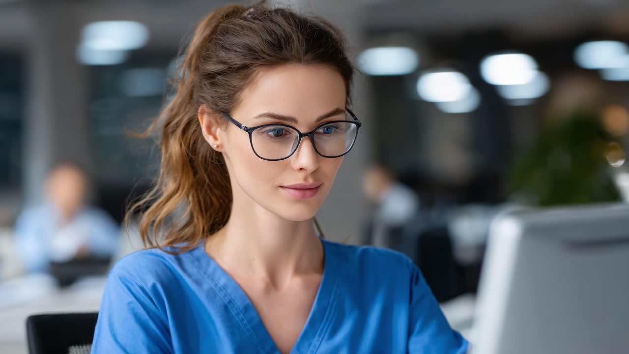 A focused woman in professional attire engages with her computer screen, showcasing concentration and satisfaction in a modern work environment
