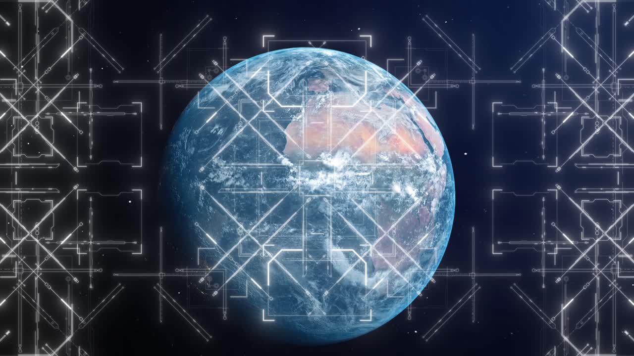 A complex, glowing grid and interface moves over planet Earth, sci-fi concept for global communication, internet, or futuristic surveillance